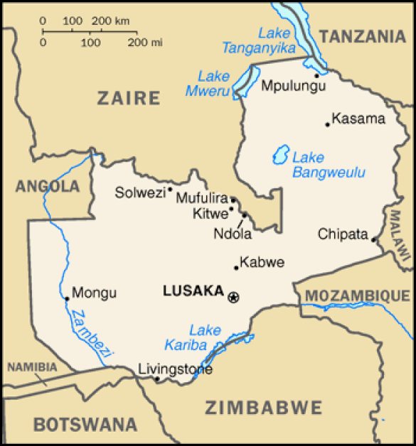 A map of Zambia showing the mission cities