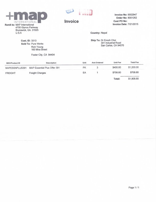First page of the August 2015 MAP International paid receipt with wholesale values